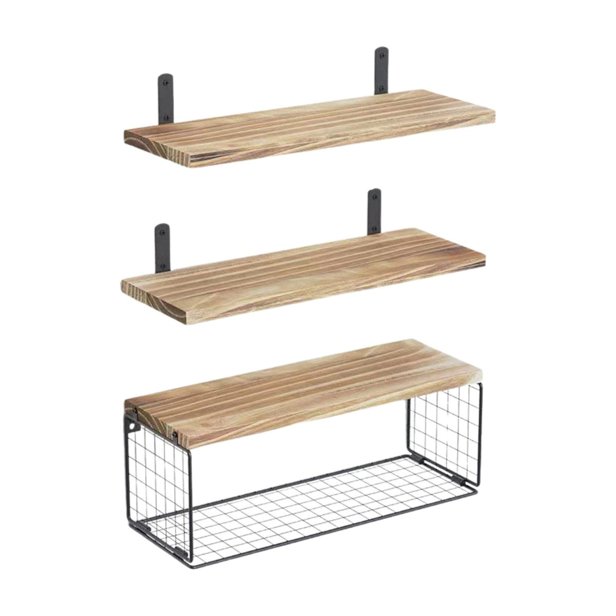 3pc Rustic Bathroom Floating Shelf Set with Wood Shelves & Wire Basket - Maisonware